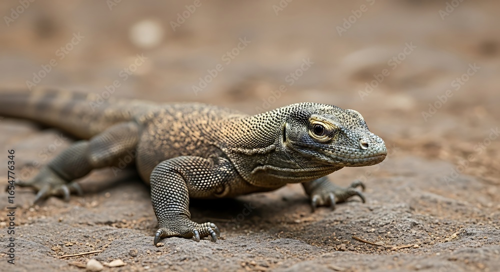 Obraz premium Close up profile of a large Komodo dragon lizard reptile walking on sandy ground with textured scales and sharp claws showcasing its prehistoric powerful and dangerous nature