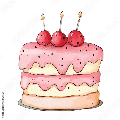 Watercolor Birthday Cake with Three Candles and Berries