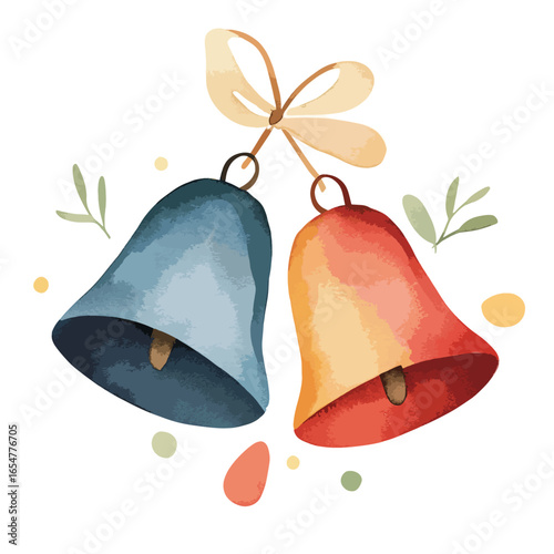 Watercolor Blue and Red Christmas Bells with Beige Ribbon and Green Sprigs