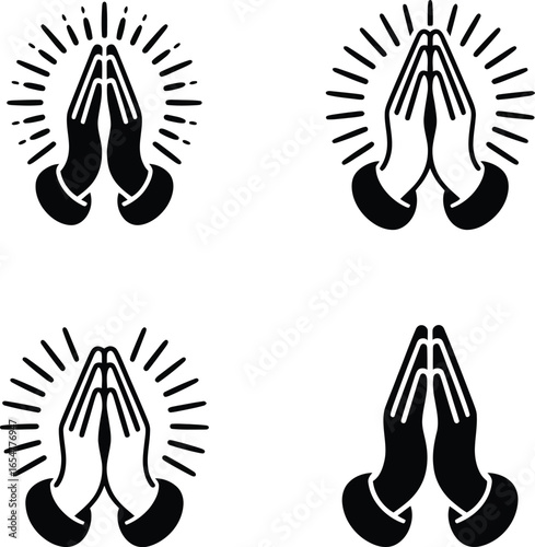 Four black praying hands icons with radiating lines