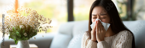 Asian woman holding tissue to her nose near vase of flowers, indicating pollen allergy, sneezing, allergic reaction, sitting woman, blooming flowers, allergy symptoms, hay fever