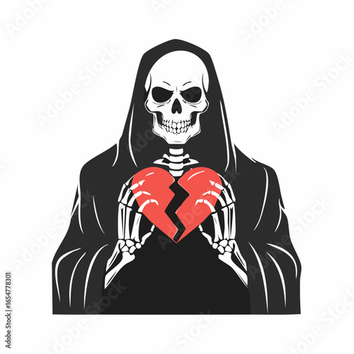 Skeleton in cloak with a broken heart symbolizing sorrow and emotional pain vector image.
