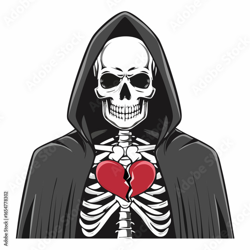Skeleton in cloak with a broken heart symbolizing sorrow and emotional pain vector image.