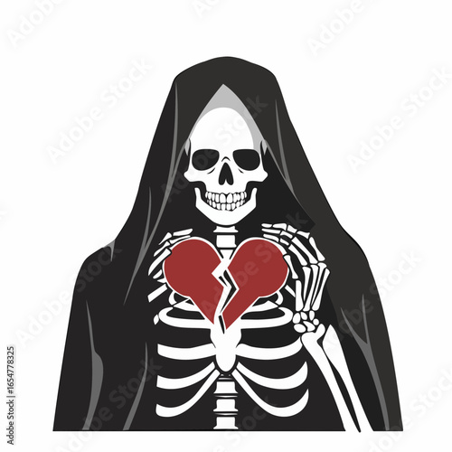 Skeleton in cloak with a broken heart symbolizing sorrow and emotional pain vector image.
