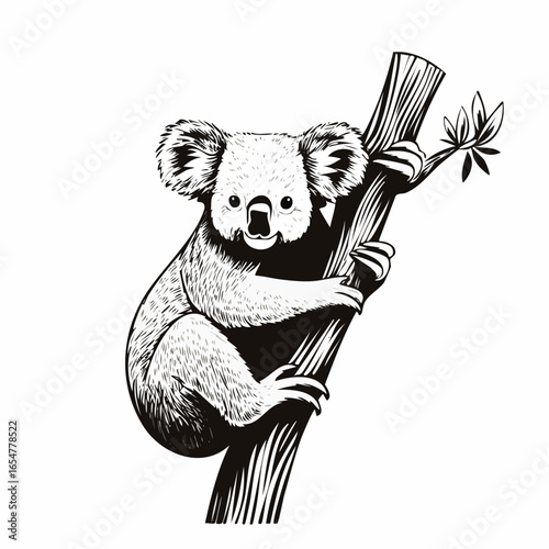 Koala clinging to a tree branch Image vector isolated on white background.