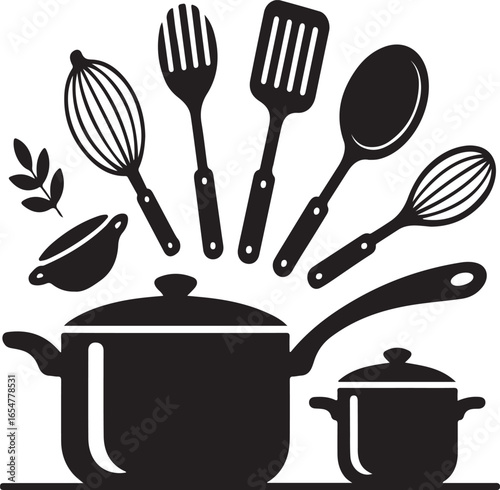 A sleek black vector illustration depicting cooking utensils, pots, pans, and kitchen tools in a minimalist and modern style. Ideal for recipe cards, food blogs, restaurant menus.