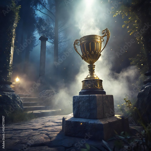 A golden trophy sits on a stone pedestal in a misty forest with ancient ruins in the background scene