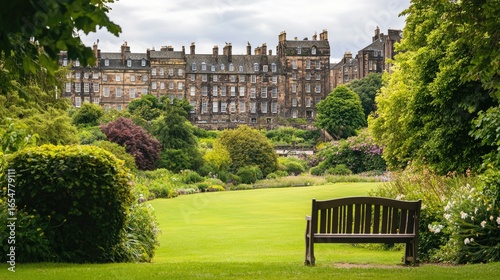 Park bench near Holyrood Palace, Edinburgh, surrounded by lush green gardens and historic charm