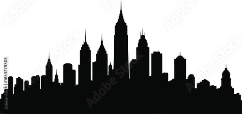 Vector art of black silhouette of a city skyline with various skyscrapers and buildings
