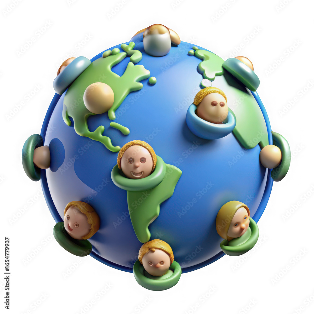 Naklejka premium 3D Earth Globe with Stylized People Icons Emerging from Continents on Transparent Background isolated on a transparent background