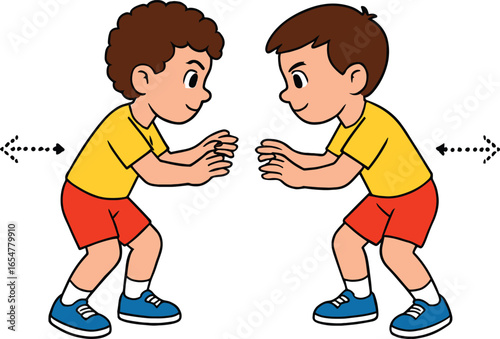 Cartoon kids exercising together, children warm up activity, boy fitness illustration, teamwork exercise, physical education, outdoor play, sport training vector design