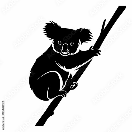 Silhouette of a koala clinging to a tree branch Image vector isolated on white background.
