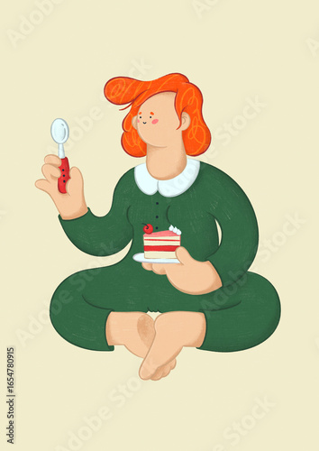 Whimsical hand-drawn illustration of a sweet red-haired girl sitting in a butterfly pose while enjoying a piece of cake. Colored pencil drawing with a playful and cozy vibe