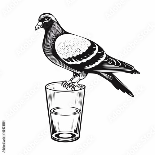 Pigeon Gracefully Perched on a Glass While Drinking Water image vector isolated  on white background.