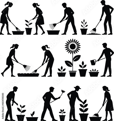 Gardening silhouette vector, people planting, watering, raking soil, outdoor garden care, eco lifestyle, agriculture illustration, horticulture activity, nature design, plant growth
