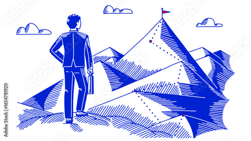 A businessman in suit standing in front of the mountains looking for the path to the top of his career of company opportunities. Concept for finance outline hand drawn style