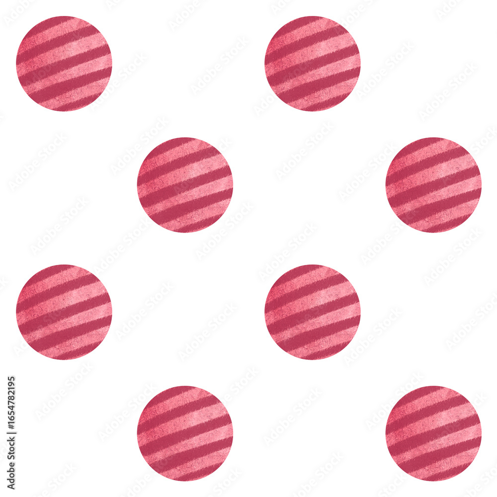 Fototapeta premium Red textured balls with diagonal stripes. Seamless watercolor pattern isolated on white. Playful minimal design suitable for childrens products, textiles, wrapping paper, and pet-themed backgrounds