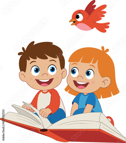 Cartoon kids reading book, happy children learning, open storybook, flying bird, educational illustration, childhood joy, literacy concept, cute characters