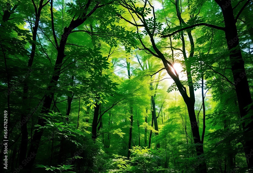 Naklejka premium Lush green forest scene, vibrant foliage, trees, sunlight filtering through leaves, nature, green