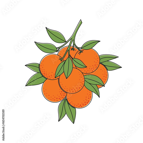 A cluster of ripe oranges hangs from a branch, adorned with vibrant green leaves.