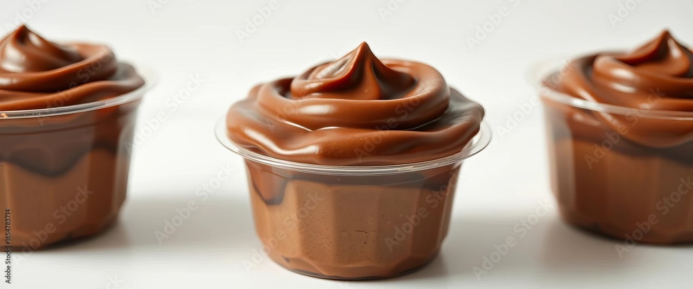 Obraz premium Rich chocolate cream dessert in a clear plastic cup against a white backdrop, product shot, container