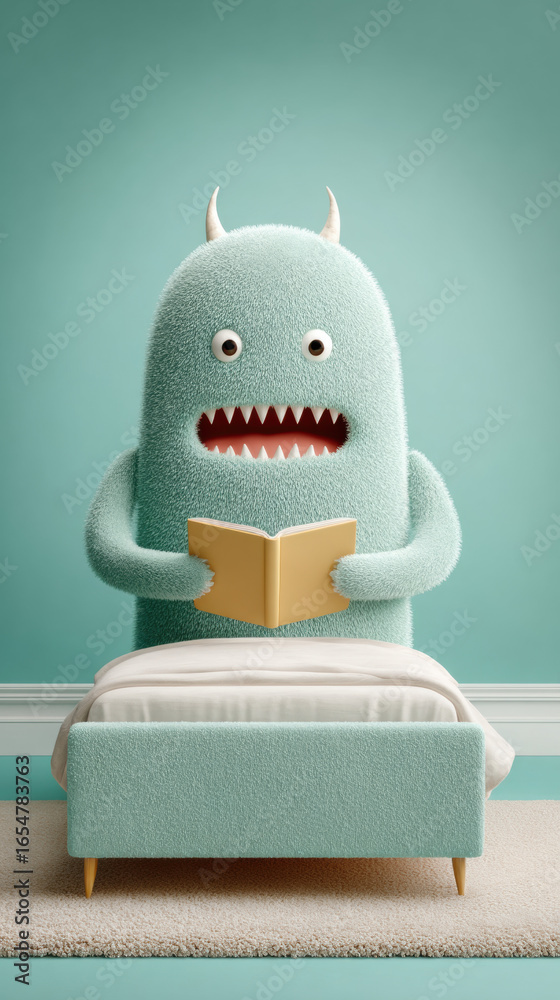 Obraz premium A cute cartoon monster reads a bedtime story in this whimsical 3D illustration for kids.