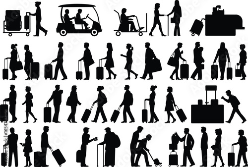 Travelers with luggage, airport people silhouettes, passengers walking, business travel, family vacation, baggage claim, flight journey, airport terminal vector illustration design