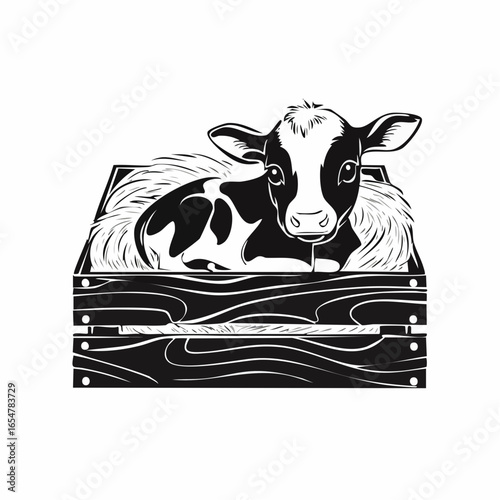 Newborn Calf Resting Comfortably Inside a Wooden Crate Filled with Soft Hay in Vector Art