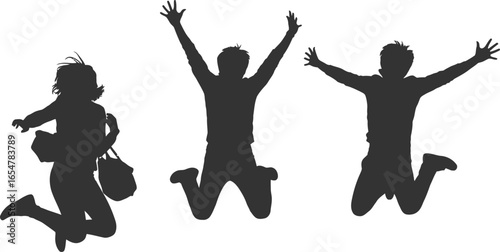 Vector art of silhouettes of three people jumping in the air with arms raised in celebration