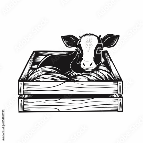Newborn Calf Resting Comfortably Inside a Wooden Crate Filled with Soft Hay in Vector Art