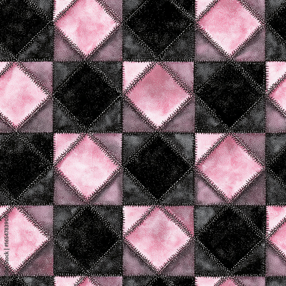 Obraz premium Seamless quilted leather pattern in black and pink diamond shapes with visible stitching