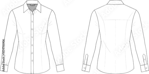 Women’s long sleeve button down shirt, fashion flat sketch, formal blouse design, vector technical drawing, apparel template, sewing pattern illustration