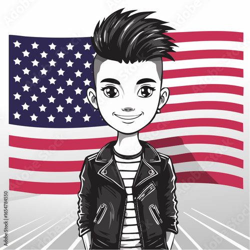 Punk Kid Standing and Posing Confidently in Front of the American Flag in a Vector Illustration