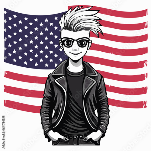 Punk Kid Standing and Posing Confidently in Front of the American Flag in a Vector Illustration