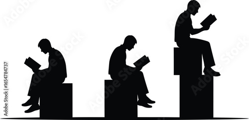 Vector art of three silhouettes reading books on elevated platforms, symbolizing progress in knowledge acquisition