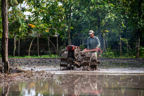A farmer is using a hand tractor in a muddy rice field.