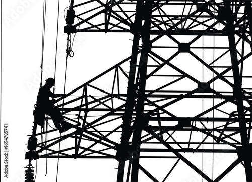 Silhouette of power line worker climbing high voltage tower, electric maintenance, industrial safety, transmission tower job, energy infrastructure, utility lineman at work outdoors