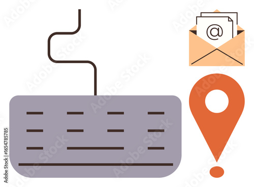 Keyboard with wire, opened envelope containing mail, and orange location pin. Ideal for digital communication, teamwork, remote work, networking, navigation emailing telecommunication. Clean