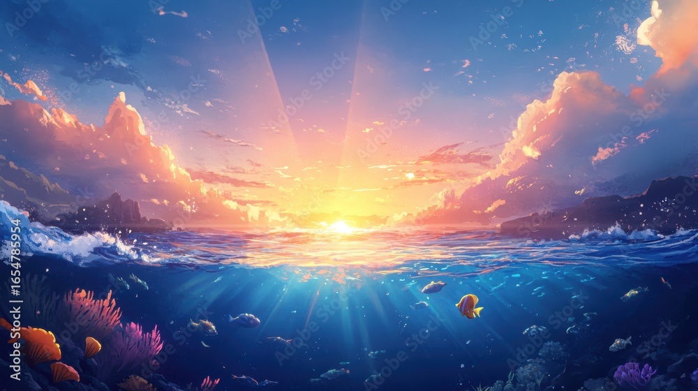 Fototapeta premium A serene seascape at sunrise, with coral reefs and fish.