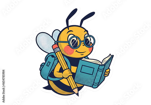 Cute cartoon bee with glasses reading a book and holding a pencil isolated on transparent background