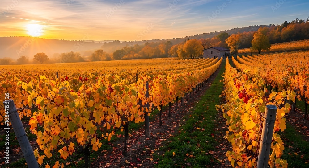 Naklejka premium Photo of vineyard in autumn at sunset