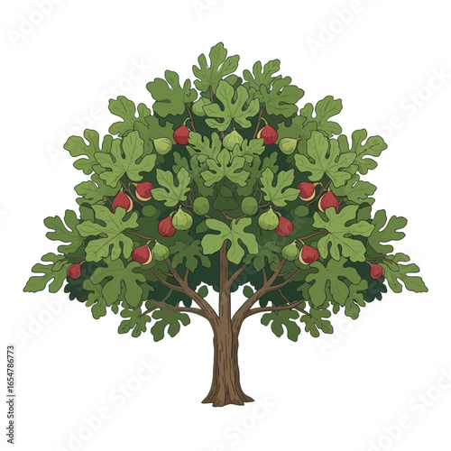 Illustration of a fig tree with green leaves and ripe, red and green figs.