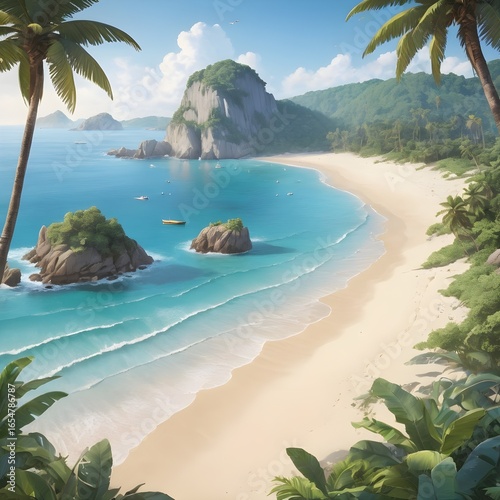 Stunning Tropical Beach with Crystal Clear Waters and Lush Greenery
