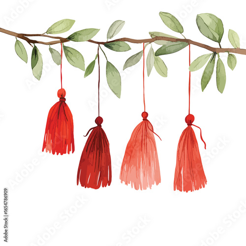 Watercolor Branch with Hanging Red Tassels and Green Leaves Decorative Illustration