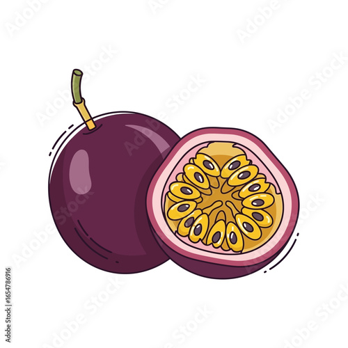 Illustration of a whole and a halved passion fruit, showing the juicy interior.