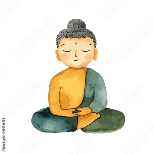Watercolor Buddha in Lotus Position with Serene Expression and Closed Eyes