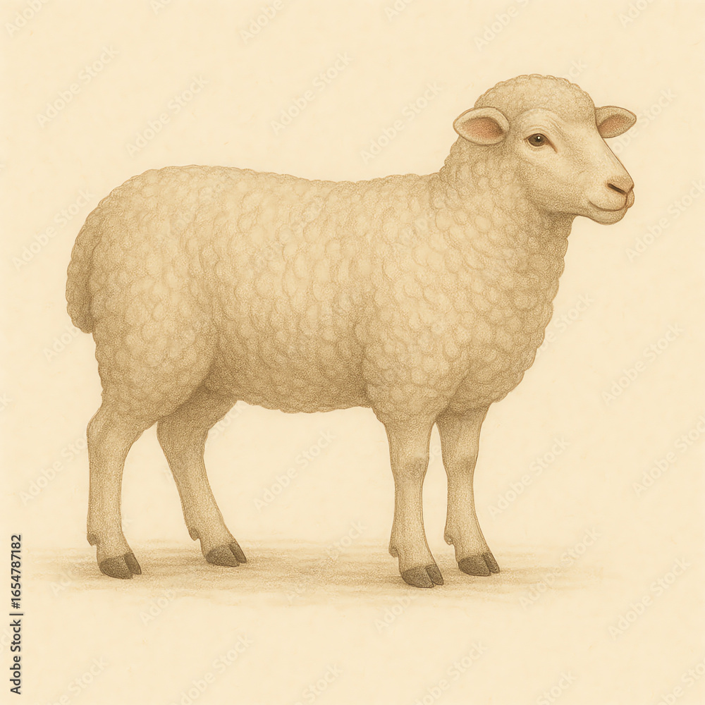 Fototapeta premium A serene and detailed illustration of a fluffy white sheep, embodying its gentle nature and the peaceful essence of farm life, perfect for themes of agriculture and tranquility.