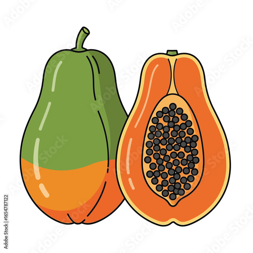 Two papayas, one whole with green and orange skin, and one cut in half revealing black seeds.