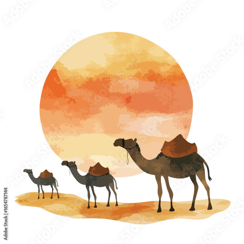 Watercolor Camels Trekking Across Desert Landscape with Sunset Backdrop