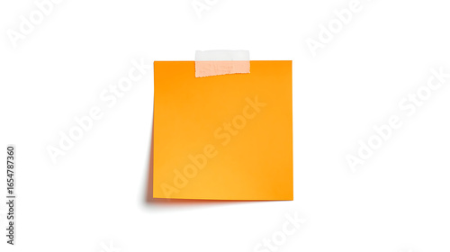 The design features a minimal orange sticky note on a white background, topped with a piece of torn white tape.